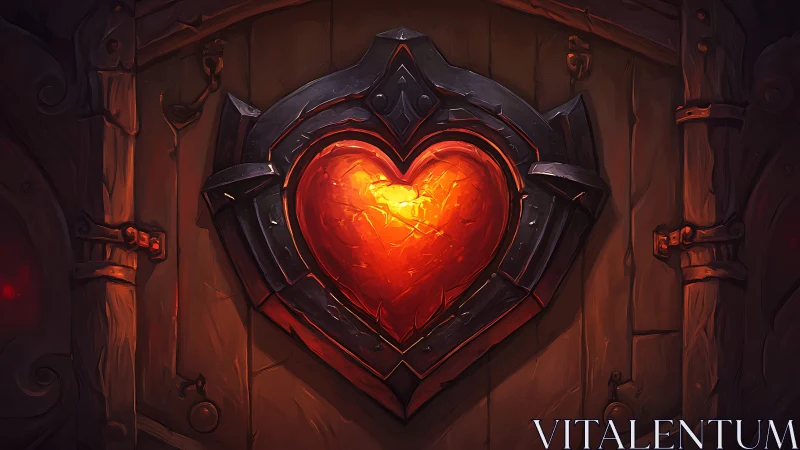 Metal-framed glowing heart emblem on heavy wooden door.