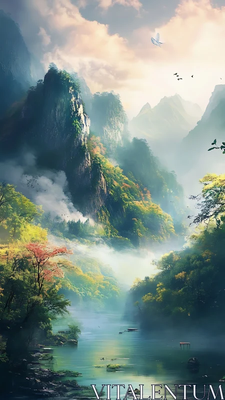 Misty river gorge under towering forested granite peaks