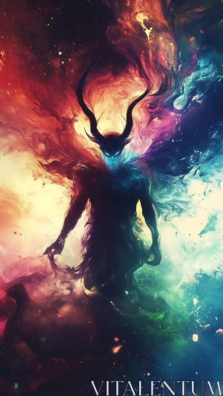 Horned silhouette surrounded by multicolored swirling nebula.