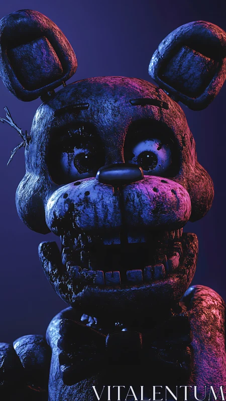 Worn-out robot bunny glows in moody neon stage lights.