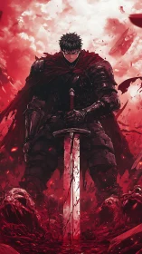 Storm-steadfast warrior stands calm amid a crimson battlefield