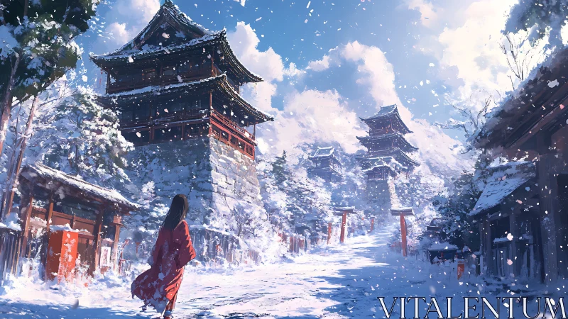 Snowbound Japanese temple path under clear winter sky.