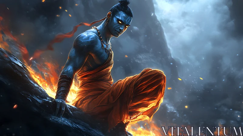Blue warrior meditates over volcanic ridge amid storm