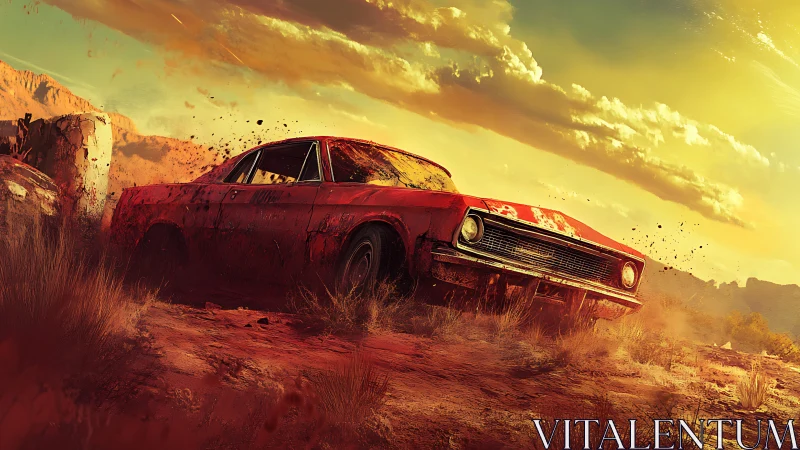 Red muscle car skids through arid desert terrain at sunset