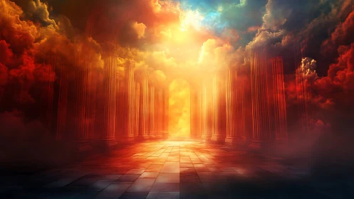 Sunlit temple gate burning through storm-born clouds.