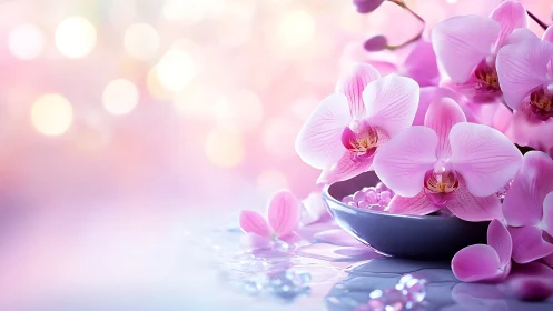 Pink orchid flowers in bowl on reflective surface.
