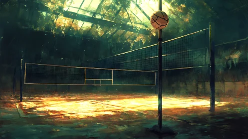 Sunlit abandoned volleyball court glowing with quiet magic.