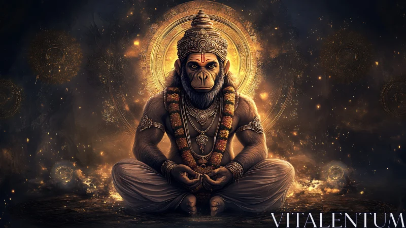 Simian deity figure seated before radiant circular halo.