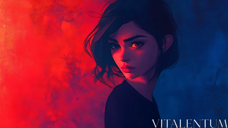 Moody digital portrait under red and blue split lighting.