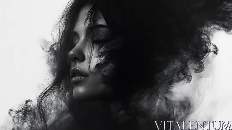 Woman&rsquo;s profile emerging from swirling black smoke forms.