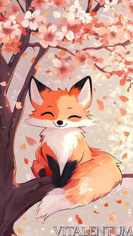 Smiling spring fox rests peacefully among soft cherry blooms