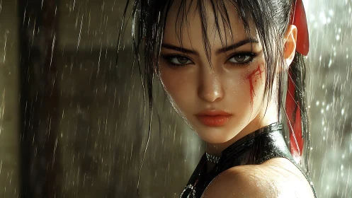 Wounded female warrior in rain with intense focused gaze.
