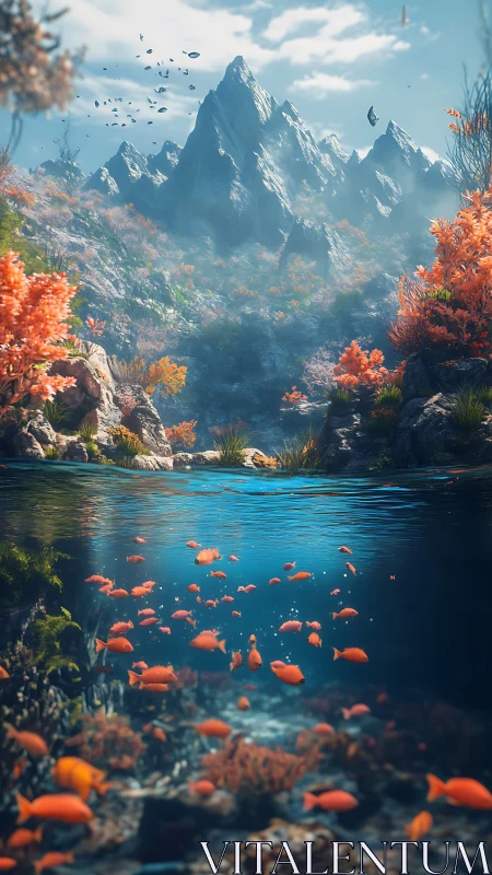 Mountain lake daydream where coral fish meet autumn hills.