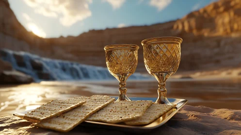Specular golden goblets and matzah before desert waterfall.