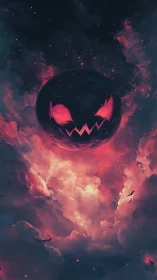 Malevolent pumpkin sphere drifting in fiery twilight clouds.