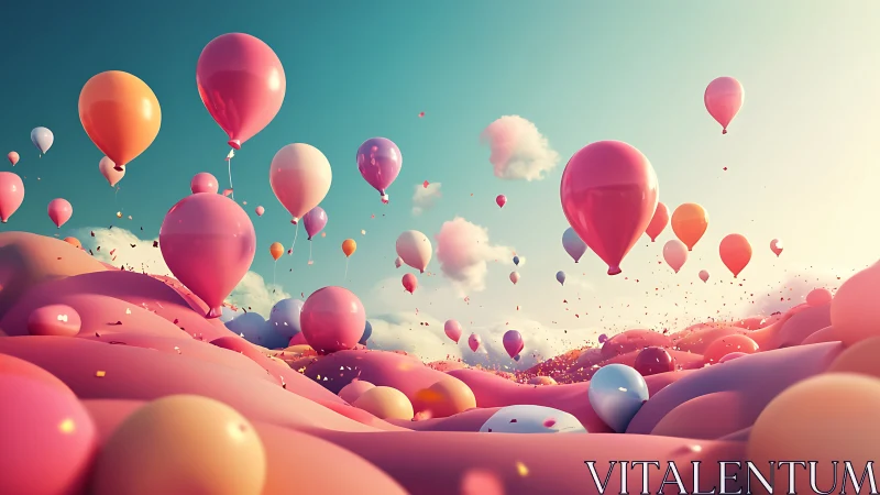 Colorful balloons float over glossy pastel hills at sunrise