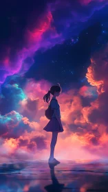 Girl silhouetted against neon sunset clouds and sky mirror.