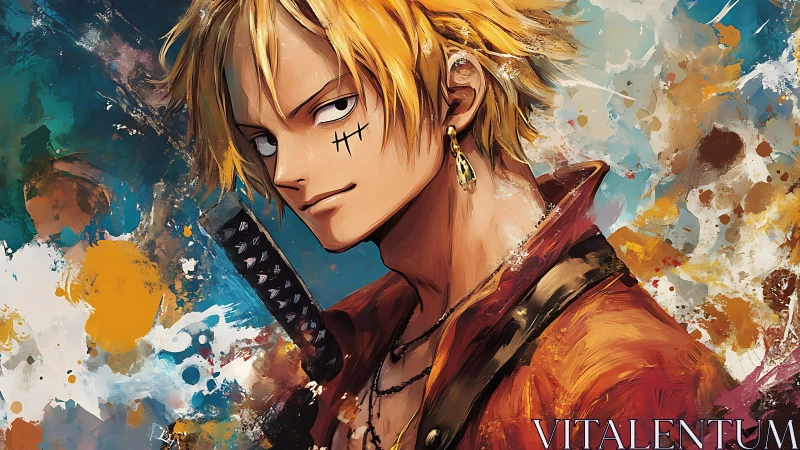 Rebel swordsman in golden hues against wild paint storm.