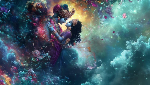 Divine cosmic lovers in luminous nebula embrace.