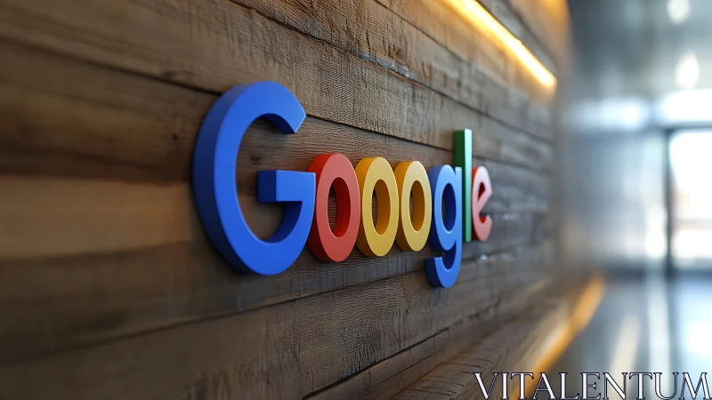 Colorful Google logo glows along a modern wooden office wall