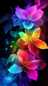 Bioluminescent flowers rendered with neon gradient overlay.