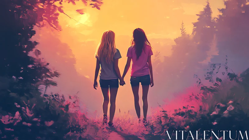 Backlit friends walking through sunset forest path together