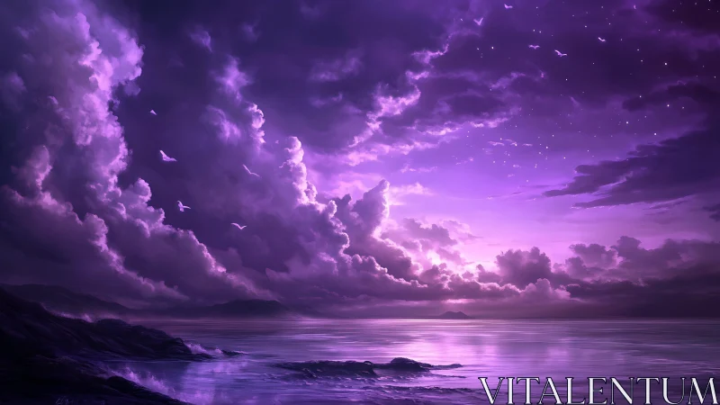 Violet stormlit seascape under glowing celestial sky.