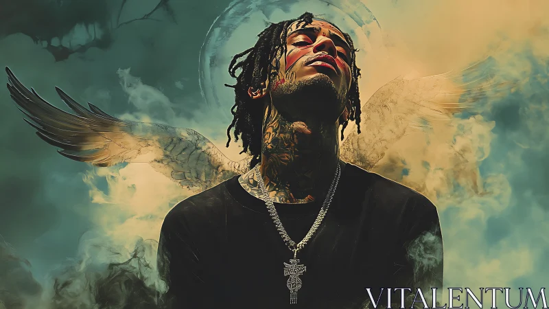 Haloed urban angel rising through stormy celestial smoke.