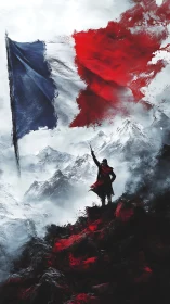 Figure on mountain slope below large tricolour flag in mist.