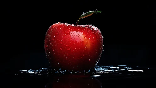 Red apple with water droplets on reflective black surface.