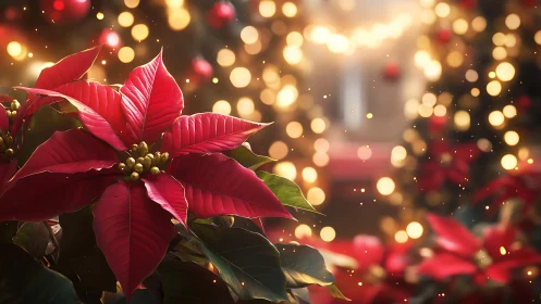 Crimson poinsettias hold court beneath drifting holiday lights