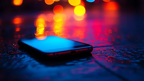 Smartphone on wet pavement under neon bokeh with shallow depth