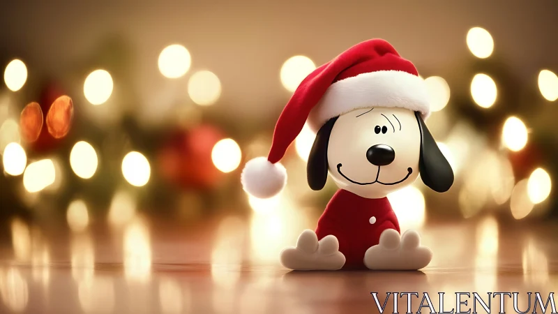 Festive cartoon dog figurine in soft holiday bokeh glow.