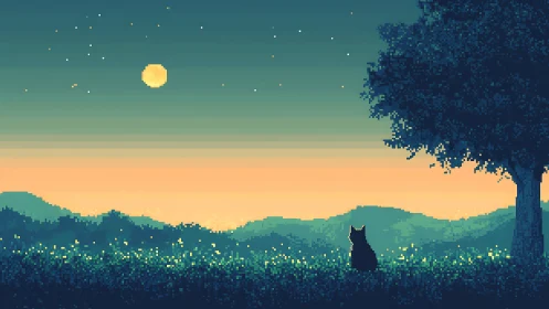 Moonlit cat beneath lone tree in tranquil pixel dusk.