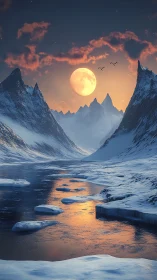 Digital painting of polar valley at moonrise with reflective river.