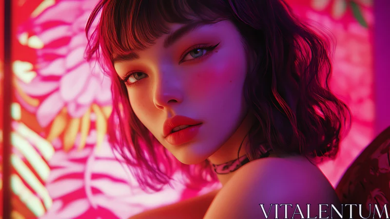 Digital portrait shows woman lit by saturated pink neon glow