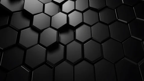 Black hexagonal 3D surface with reflective geometric tiles.