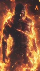 Warrior figure engulfed in intense surrounding flames.