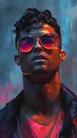 Chromatic portrait with reflective aviators and rim lighting.