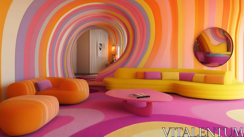 Groovy rainbow lounge where retro curves invite daydreams.