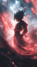 Silhouetted anime fighter amid swirling red energy field.