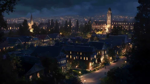 Evening campus skyline glows softly against the night sky