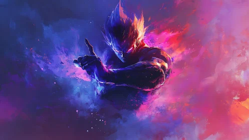 Powerful energy warrior in vivid neon fire storm.