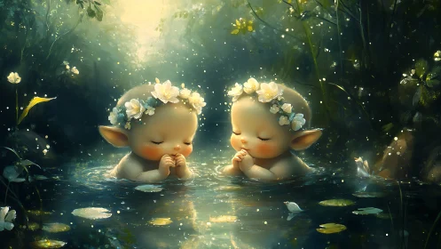 Digital painting of twin forest sprites in luminous pond.