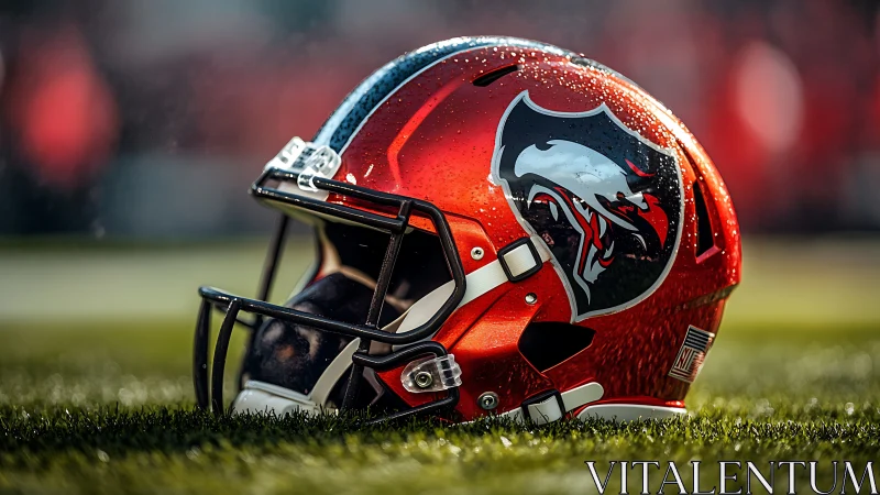 Stormbright football helmet gleams under stadium drizzle