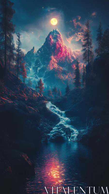 Moonlit mountain peak with glowing waterfall at night.