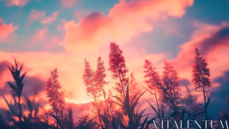 Silhouetted wildflower stalks under pink and blue sky.