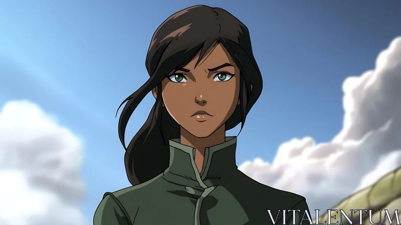 Focused anime heroine under dramatic open sky