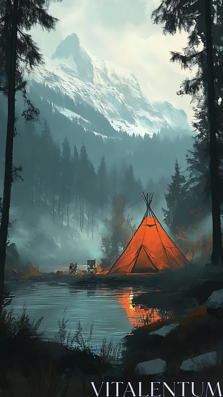Digital painting of alpine camp beside reflective forest lake.