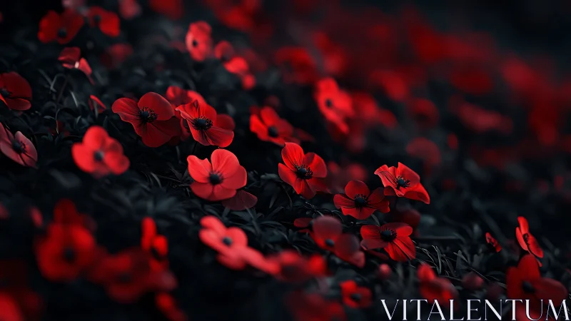Red Poppies Against Black Foliage in Selective Focus